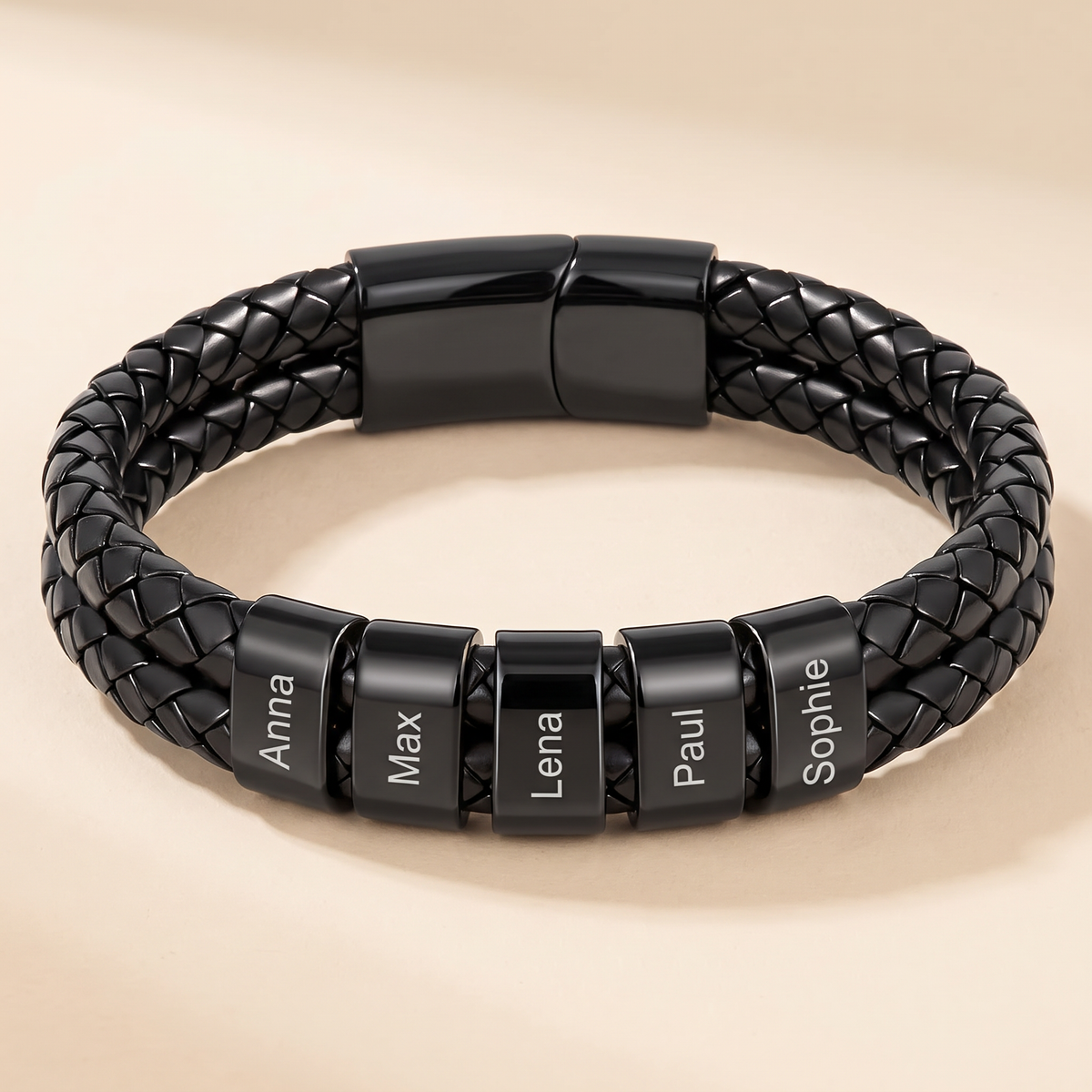 Leather bracelet with engraved beads for men